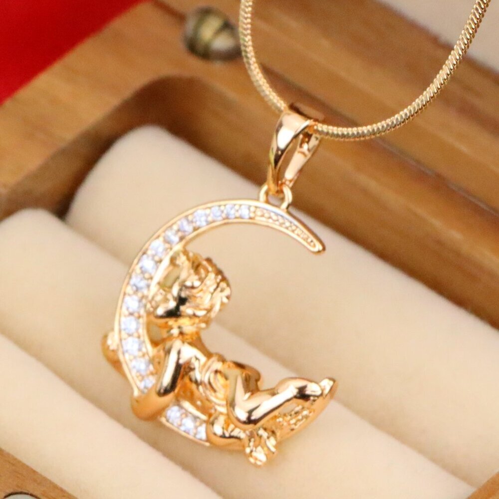 "Rose Gold Moon and Angel Pendant with Sparkling CZ Accents, XPPT1234